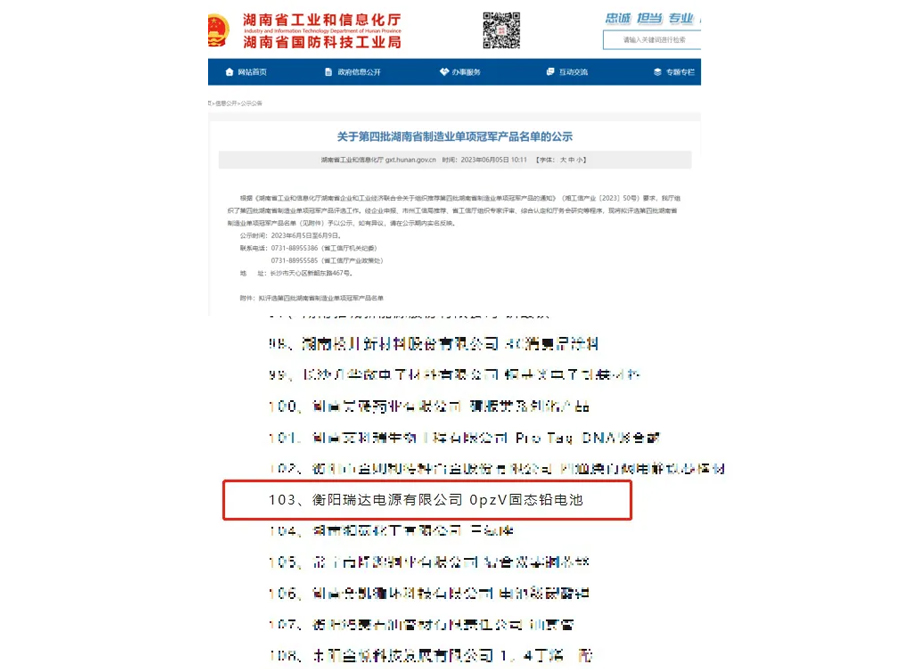 喜訊 | 瑞達無酸固態(tài)電池入選湖南省制造業(yè)單項冠軍產(chǎn)品名單